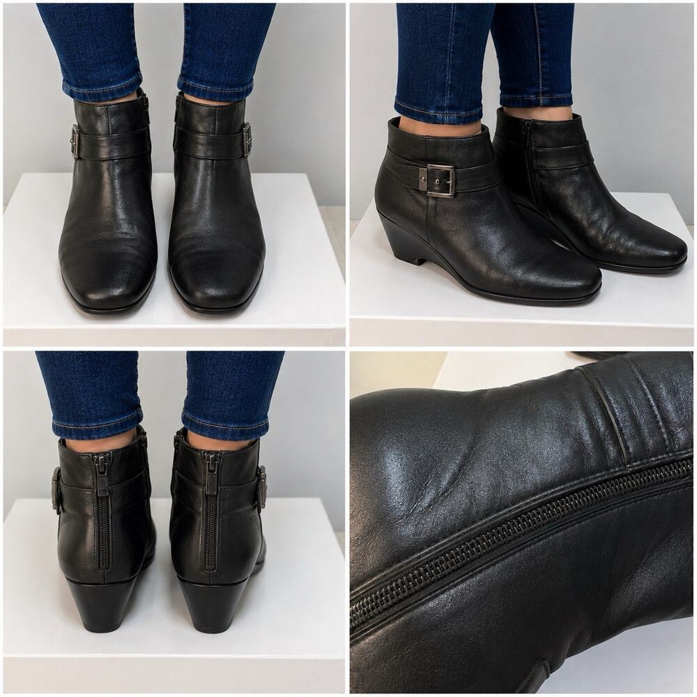 Alfani Hylda Black Leather Wedge Ankle Boots Women’s Size 7M Side Zip